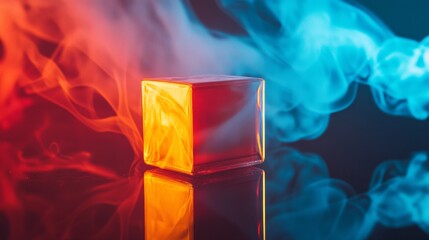 Wall Mural - A striking fusion of warm and cool colors highlights a translucent cube. Smoke swirls gracefully around it creating a captivating visual. Explore its beauty. Generative AI