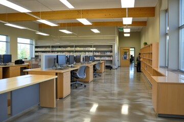 Aufkleber - Modern library interior with computers and shelves, designed for study and research.