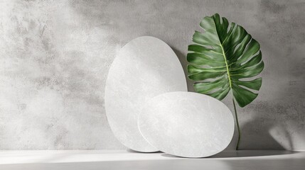 Aufkleber - Minimalist display featuring two white shapes and a large green leaf against a textured wall.