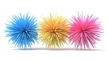 Fototapete - Three colorful, spiky spheres arranged in a row on a white background.