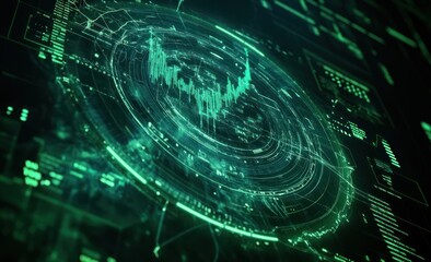 Poster - Abstract digital interface with data visualization and green graphics.