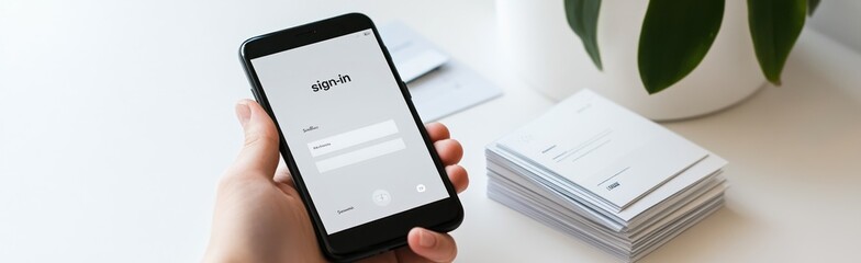 Fototapete - A hand holding a smartphone displaying a sign-in screen with business cards nearby.