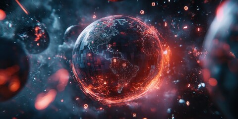 Poster - A digital representation of Earth surrounded by abstract, glowing elements.