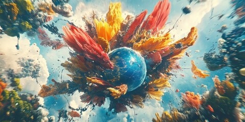Aufkleber - A vibrant explosion of colors surrounding a globe, symbolizing nature and creativity.