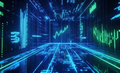 Leinwandbilder - A digital landscape representing data streams and analytics with vibrant blue and green visuals.