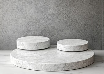 Aufkleber - A minimalist display featuring circular marble platforms against a textured gray wall.