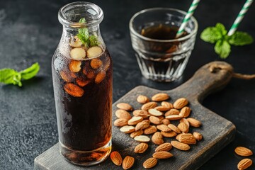 Sticker - A bottle of dark beverage with almonds and mint, served with a glass.