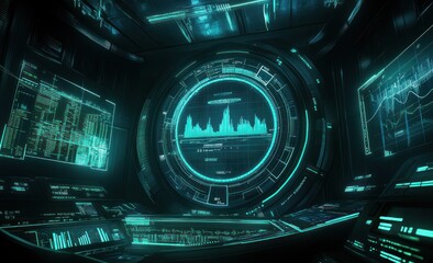 Poster - High-tech control room featuring digital displays and data visualization.
