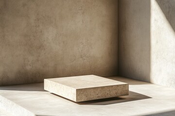 Leinwandbilder - A minimalist, textured stone platform in a softly lit, neutral-toned interior space.