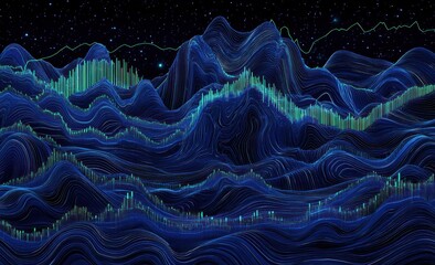 Fototapete - Abstract visualization of data represented as waves and peaks in a starry background.