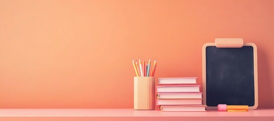 Poster - A minimalist workspace featuring books, a chalkboard, and colored pencils against a peach background.