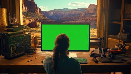 Fototapete - A person sits at a desk with a green screen monitor, overlooking a scenic landscape.