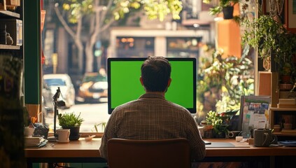 Aufkleber - A person sitting at a desk in a cozy workspace, facing a computer with a green screen.