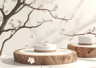 Leinwandbilder - Minimalist display with wooden bases and a bowl, surrounded by blossoming branches.