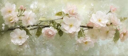 Fototapete - A delicate branch of pink blossoms with water droplets against a soft, blurred background.