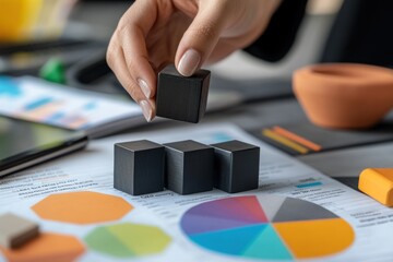 Aufkleber - A hand places black blocks on a chart with colorful shapes and data analysis.