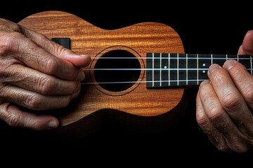 Aufkleber - Close-up of hands playing a ukulele, highlighting musical engagement and craftsmanship.