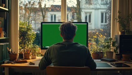 Aufkleber - A person working at a desk with a green screen computer, surrounded by plants.