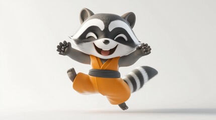 Poster - A cheerful cartoon raccoon character in an orange outfit, jumping joyfully.