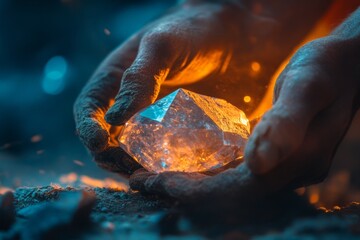 Wall Mural - a mesmerizing close-up of hands gently cradling a radiant crystal. the crystal emits a warm glow, sy