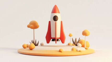Poster - A stylized rocket model in a colorful, minimalistic landscape with trees and bushes.