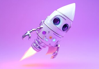 Poster - A cute, cartoonish rocket with eyes, launching into space against a vibrant purple background.