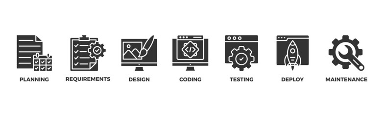 Software development life cycle banner web icon vector illustration concept of sdlc with icon of planning, requirements, design, coding, testing, deploy and maintenance	