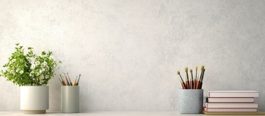 Aufkleber - A minimalist workspace featuring plants, brushes, and books for creative inspiration.