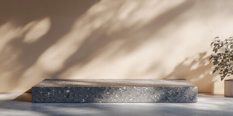Poster - A minimalist space featuring a textured stone platform and a potted plant against a warm wall.