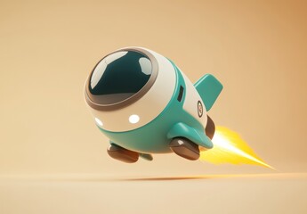 Poster - A stylized rocket toy launching with flames, showcasing a playful design and vibrant colors.