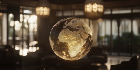 Aufkleber - A glowing globe suspended in a modern interior, highlighting continents and cities.