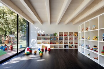 Aufkleber - A bright playroom filled with toys and colorful balls, designed for children's activities.