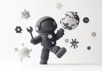 Poster - A playful astronaut figure holds a wrench and a globe, surrounded by abstract shapes.