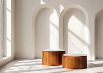 Poster - A minimalist interior featuring two wooden tables and soft sunlight through arched windows.
