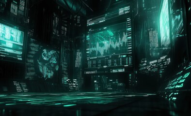 Aufkleber - Futuristic digital environment with holographic displays and data visualizations.
