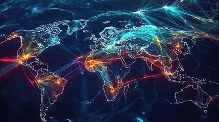 Wall Mural - A colorful world map with many lines and dots