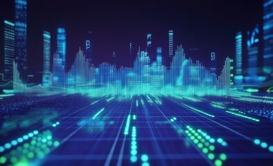 Fototapete - A digital cityscape with vibrant soundwave visualizations and data patterns.