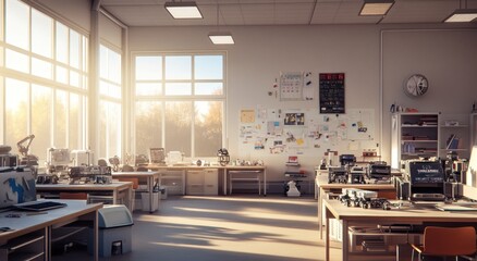 Aufkleber - A bright, organized workshop filled with various tools and equipment for scientific projects.
