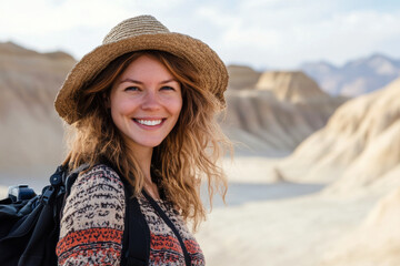 female traveler portrait. cheerful young woman in straw hat smiling in desert landscape with backpac