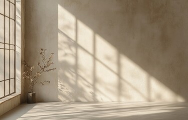 Aufkleber - A serene interior with soft shadows and a simple plant, creating a calm atmosphere.