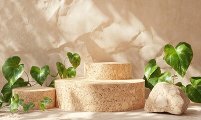 Aufkleber - A serene display of natural textures with circular stone pedestals and green foliage.