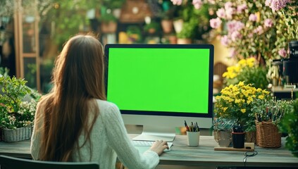 Leinwandbilder - A person working at a computer in a lush garden setting with a blank screen.
