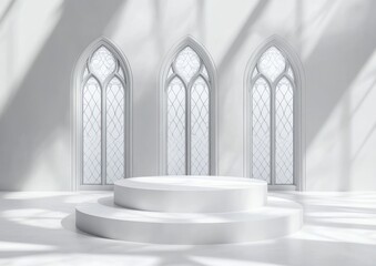 Poster - A minimalist white space with three arched windows and a circular platform.