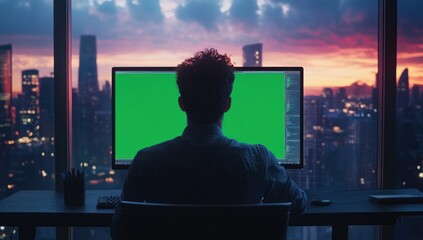 Aufkleber - A person working on a computer with a green screen, overlooking a city skyline at sunset.