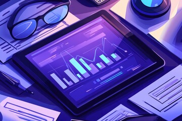 Aufkleber - Digital tablet displaying data graphs amidst office supplies.