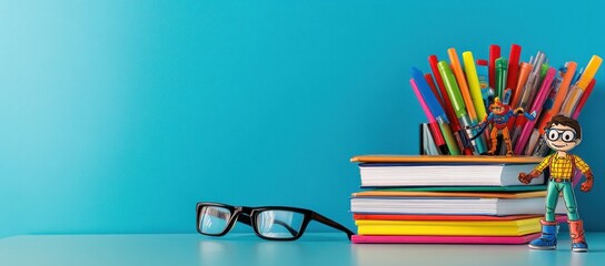Poster - A colorful workspace with books, stationery, glasses, and a figurine.
