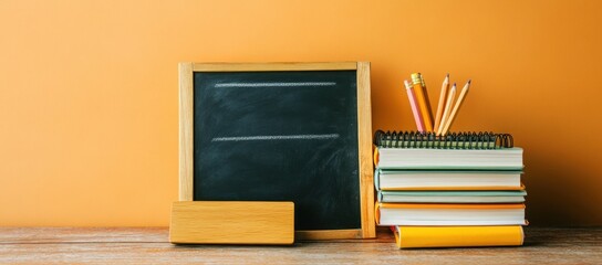 Aufkleber - A chalkboard and stacked books with pencils, ideal for educational settings.