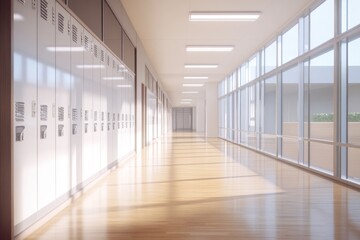 Aufkleber - A bright, modern school hallway with lockers and large windows.