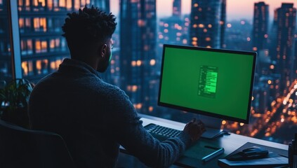 Aufkleber - A person working on a computer in an urban setting during twilight.