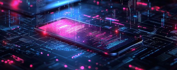 Developer Coding Futuristic Mobile Applications with Holographic Smartphone Display